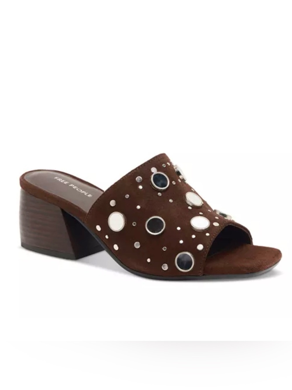 Free People Mirage Mules Studded Brown Suede Block Heel Mirrored Size 9.5 New - Picture 3 of 16